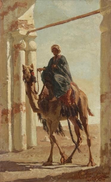 Cesare BISEO (1843-1909)
Jeune oriental sur son chameau, 1870 Huile sur toile contrecollée sur carton. Signée et datée en bas à droite (Petits manques sur les bords). 32 x 20 cm