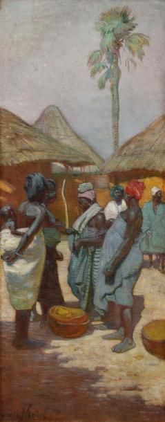 Joseph de La NEZIERE (1873-1944)
Femme dans un village africain Huile sur toile. Signée en bas à gauche. 116 x 46 cm