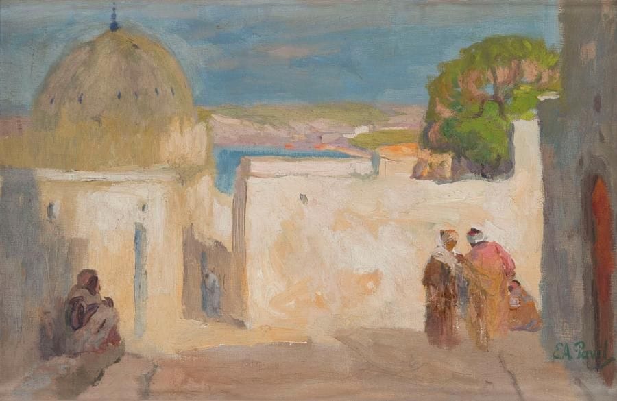 Elie Anatole PAVIL (1873-1944)
Maroc, une rue à Salée, vers 1935 Huile sur toile. Signée en bas à droite. (Restauration). 28 x 42 cm Provenance: Ancienne collection Lina Pavil (étiquette au dos)