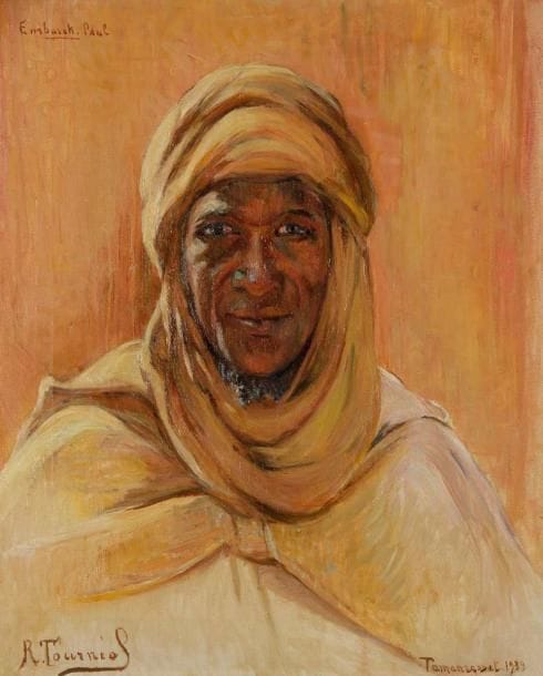 Renée TOURNIOL (1876-1953)
Portrait de Paul Embarek, Père de Foucauld, 1939 Huile sur toile. Signée en bas gauche. Située Tamanrasset et datée en bas à droite. Titrée en haut à gauche. 55 x 45 cm