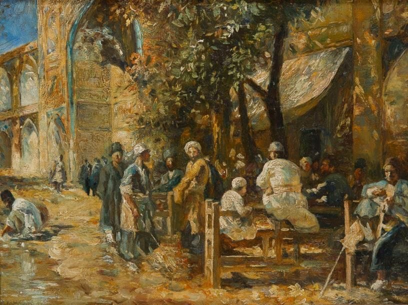 Ecole française fin XIXe siècle
Algérie, un jour de fête, terrasse de café à Boo Saada Huile sur carton. Trace de signature en bas à gauche. Titrée au dos. 18 x 23.5 cm