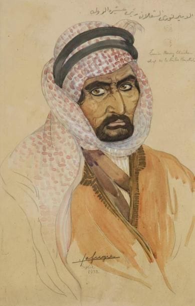 Léa LAFUGIE (1890-1970)
Portrait de l'Emir Noury Chaalan, 1932 Aquarelle. Signée en bas au milieu. 46 x 29 cm