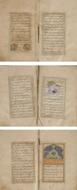 Manuscrit scientifique"Mirâj al- Khiyal", Iran safavide, Chiraz, signé et daté 1515 Manuscrit scientifique incomplet, en persan, sur papier de soixante-deux folios, de quatorze lignes par page, en écriture nasta'liq, à l'encre noire et rouge. Enluminé d'un frontispice en unwân, titré en lettres rouges, surmonté d'arcatures polylobées bleu et vert à rinceaux floraux. Illustré de quatre miniatures d'animaux et de sept médaillons marginaux représentant les planètes. Colophon donnant le nom du calligraphe"al-Katib-al-Chirazi" daté 921 H. / 1515. Reliure cartonnée recouvert d'une cotonnade cachemire. Dim. reliure: 28,5 x 18 cm État: restauration et déchirures. Provenance: vente publique, Me J. P. Chapelle, Versail les, 22 mai 1967, n°18. An incomplete scientific manuscript, Mirâj al- Khiyal, Iran, Safavide, signed and dated 1515