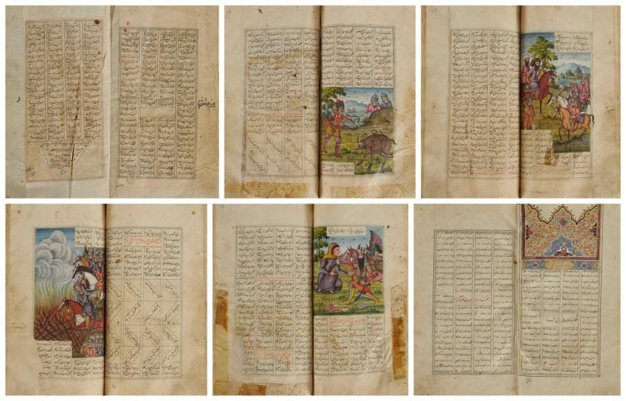 Manuscrit, Shâhnâmeh ou Livre des Rois, par Firdousi, Iran, texte daté 1605, et peintures du XIXe siècle Manuscrit sur papier de trois cent neuf folios, de vingt-cinq lignes par page, en persan en écriture nasta'liq à l'encre noire sur quatre colonnes et titres à l'encre rouge. Enluminé d'un frontispice, unwan, orné de rinceaux floraux, surmonté d'arcatures polylobées garnies également de rinceaux floraux. Illustré de vingt-trois miniatures. Colophon donnant le nom du calligraphe"Mohammad Salih ibn Mirza'Ali Khan Zunabadi" et la date 25 Rabi' al- aval 1014 H. / 1605 . Reliure en papier mâchée peinte en polychromie et laquée d'une composition florale d'églantines sur fond noir et au revers, rinceaux floraux dorés sur fond rouge. Dim. reliure: 27,5 x 15,5 cm État: restaurations et déchirure. Provenance: collection marseillaise, 1954. A persian poetry, Shahnama, Qâjar Iran, dated 1014 H. / 1605 with 19th century miniatures