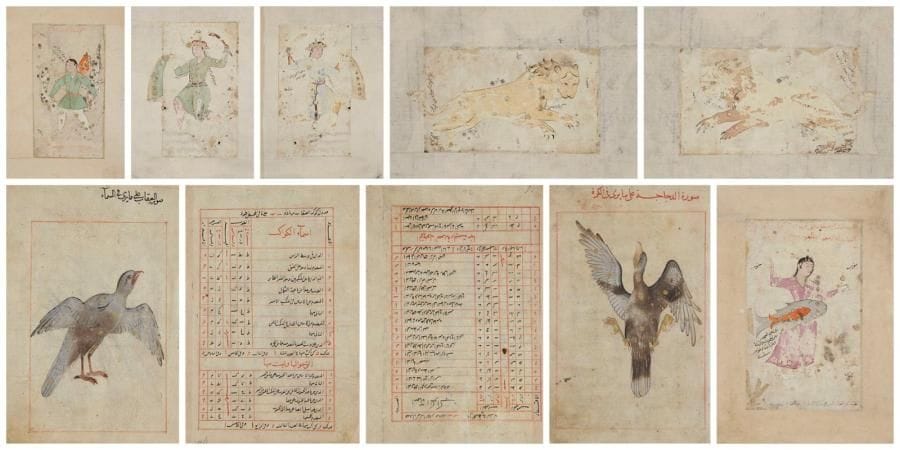 Six pages d'un traité d'astronomie, Iran, fin XVIe-début XVIIe siècle Six pages illustrant des constellations suwar al-kawâkib dont deux présentent au verso des tables de noms d'étoiles en arabe. Dessin à l'encre noire et gouache, inscriptions en écriture naskhî. Pages remontées sur marges ultérieurement. Dim. pages: 25,5 x 17,5 cm et 20,5 x 14,5 cm Provenance: ancienne collection Sévadjian, 1960. A: au recto et au verso, la constellation d'Orion, et l'étoile al-jawza (Beltégeuse). Un prince, en robe bleue d'un côté et verte de l'autre, brandit un bâton de la main droite et un tissu de la main gauche. Il s'agit de la même constellation probablement vue dans le ciel et représentée sur le globe terrestre. Dim. miniature: 20,5 x 11,5 cm État: taches, mouillures, deux petits trous, dessin partiellement effacé B: la constellation des poissons: une femme à la robe violette, les bras levés, porte à la taille deux poissons, un gris contenant un rouge plus petit. Dim. miniature: 18,5 x 11,3 cm État: mouillures, dessin partiellement effacé. C: la constellation du serpent représentée par un homme vêtu de vert portant un serpent, dans son dos, une flamme rouge. Dim. miniature: 19 x 10 cm État: mouillures, dessin partiellement effacé. D: au recto, une table de noms d'étoiles; au verso, la constellation de l'aigle (al-oghâb) représentée par un aigle gris, debout les ailes déployées se préparant à voler. Une des quatre étoiles de cette constellation porte le nom d'Altaïr, raccourci de son nom original al-nasr al-ta'ir -"l'aigle volant" en arabe. E: au recto, une table de noms d'étoiles; au verso, la constellation du cygne (al-dajâja, la poule) ou croix du nord, représentée par un cygne gris en vol. F: au recto et au verso, la constellation du lion, la même constellation probablement vue dans le ciel et représentée sur le globe terrestre. Dim. miniature: 18,5 x 11 cm et 19 x 11,5 cm État: craquelures, dessin partiellement effacé. (Seront divisées à la demande) Les traités d'astrono