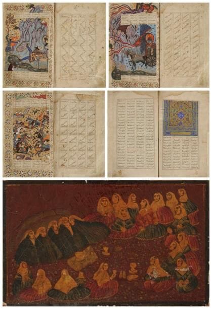 Manuscrit, Shâhnâmeh ou Livre des rois, par Firdousi, Iran Qâjâr, fin XIXe siècle Manuscrit incomplet en persan sur papier de deux cent quatre-vingt-seize folios, de vingt-cinq lignes par page, en écriture nasta'liq à l'encre noire sur quatre colonnes et titres à l'encre rouge. Illustré d'un frontispice, unwan, orné de rinceaux floraux tapissant et de neuf miniatures de style Qaveh khane-i. Texte commençant par l'histoire des Gives, une page portant trois cachets. Reliure en papier mâché, peinte en polychromie et laquée de bouquets d'églantines et au revers des plats: une réunion, Majlis de femmes pour l'un et Majlis d'hommes, pour l'autre. Dim. reliure: 36 x 23 cm État: restaurations et mouillures; reliure: nombreux éclats et craquelures. Provenance: collection marseillaise, 1954. An incomplete Persian poetry, Shahnama, Qajar Iran, late 19th century