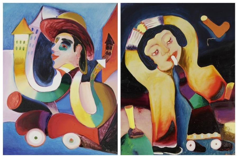 Atila Biro dit, ATILA [hongrois] (1931-1987)
Le Couple, 1967-68 Paire d'huiles sur toile. Signées et datées en bas à droite. (Accidents à l'une). 130 x 97 cm chaque.