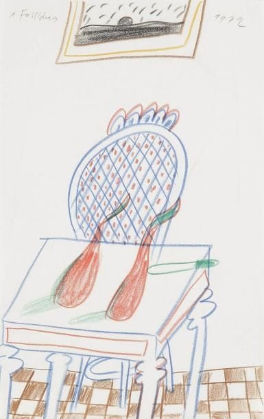 Alexandre FASSIANOS [grec] (né en 1935)
La Cuisine, 1972 Dessin au crayons de couleur. Signé et daté en haut. 24.5 x 15 cm
