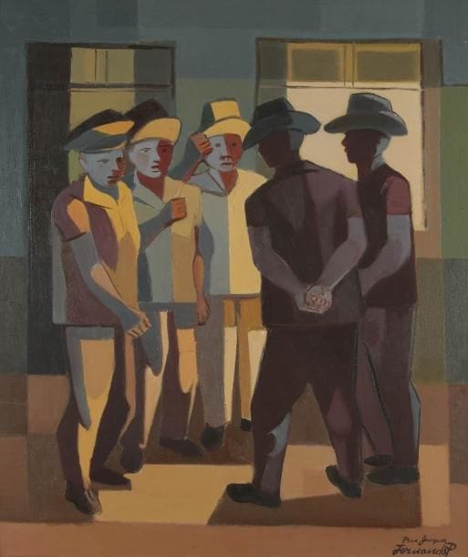 Fernando Clovis Pereira dit FERNANDO P. [brésilien] (1917-2005)
La Conversation Huile sur toile montée sur panneau. Signée et dédicacée en bas à droite. 74 x 63 cm
