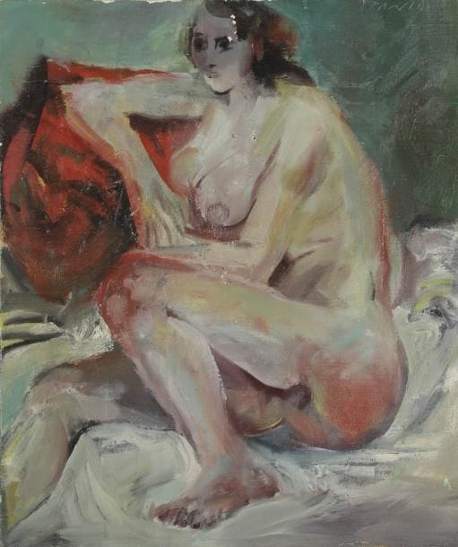 FRANTIN (XXe siècle)
Nu assis Huile sur toile. Signée au dos. (Petits manques). 55 x 46 cm