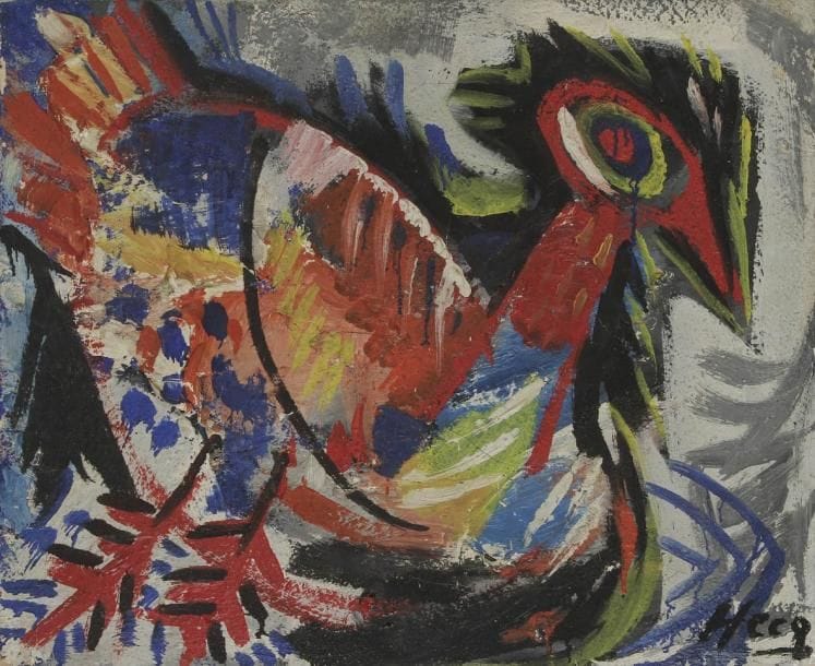 Émile HECQ [belge] (1924-2008)
Le Coq Huile sur toile. Signée en bas à droite. 50 x 62 cm Provenance:  Ancienne collection Gambier de la Forterie.
