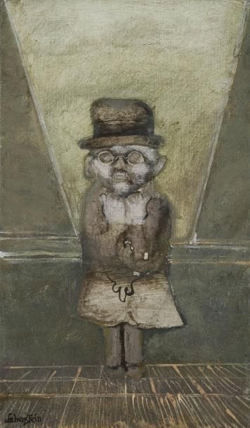 Jan LEBENSTEIN (1930-1999)
Homme au chapeau, 1990 Huile sur collage sur toile. Signée en bas à gauche. Signée et datée au dos. 40.5 x 24 cm Provenance:  Collection Madelaine Malraux.