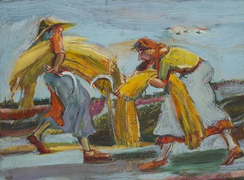 Raymond MOISSET (1906-1994)
Les Faucheuses Huile sur isorel. Porte le cachet du monogramme en bas à gauche. Signé au dos. 46 x 61 cm