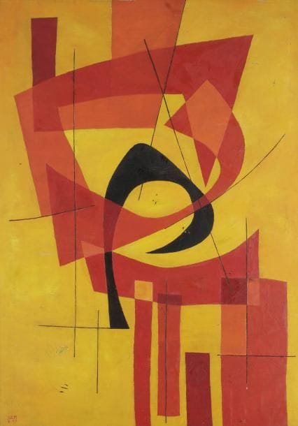 Jan SCHREUDER [néerlandais] (1904-1964)
Peinture n°18, 1957 Huile sur toile. Signée et datée en bas à gauche. (Petits manques). 112 x 80 cm