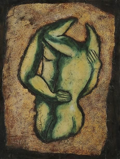 Garcia TELLA (1906-1983)
Amour, 1957 Huile sur isorel. Signée en bas à gauche. Signée, datée et titrée au dos. 65 x 50 cm