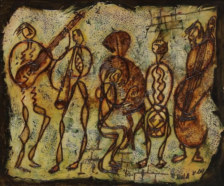 Garcia TELLA (1906-1983)
L'Orchestre, 1960 Huile sur isorel. Signée et datée en bas à droite. Signée au dos. 60 x 73 cm