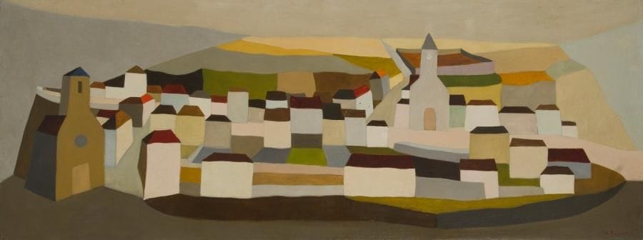 Véra PAGAVA [géorgienne] (1907-1988)
Paysage d'Avila, 1955 Huile sur toile contrecollée sur panneau. Signée en bas à droite. 45 x 120 cm Provenance: Ancienne collection J. L., Paris