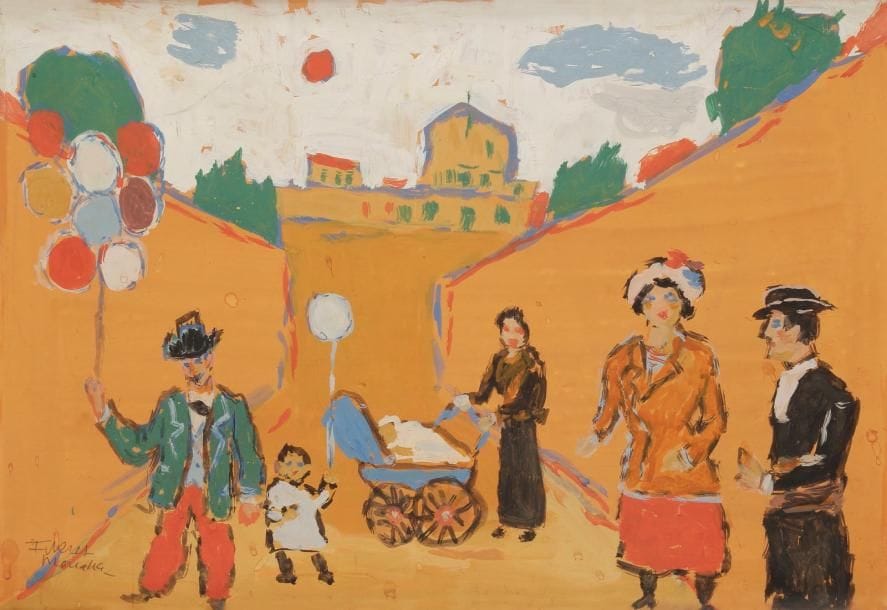 Fikret MOUALLA [turc] (1905-1968)
La Famille aux ballons Gouache sur papier contrecollé sur toile. Signée en bas à gauche. (Petites griffures). 38 x 55 cm