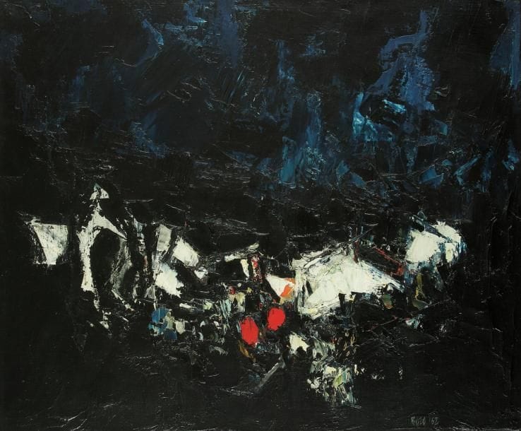 Sayed Haider RAZA [indien] (né en 1922)
La Nuit, P417, 1962 Huile sur toile. Signée et datée en bas à droite. Signée, datée et titrée au dos. 54 x 65 cm Provenance: Collection du docteur Jean-Louis Amiel