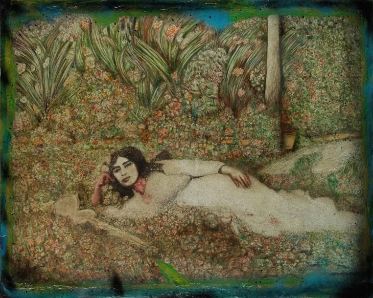 Ghasem HAJIZADEH [iranien] (Né en 1947)
Femme étendue dans les fleurs, 1988 Technique mixte sur toile. Signée en bas à droite. Signée et datée au dos. 81 x 100 cm