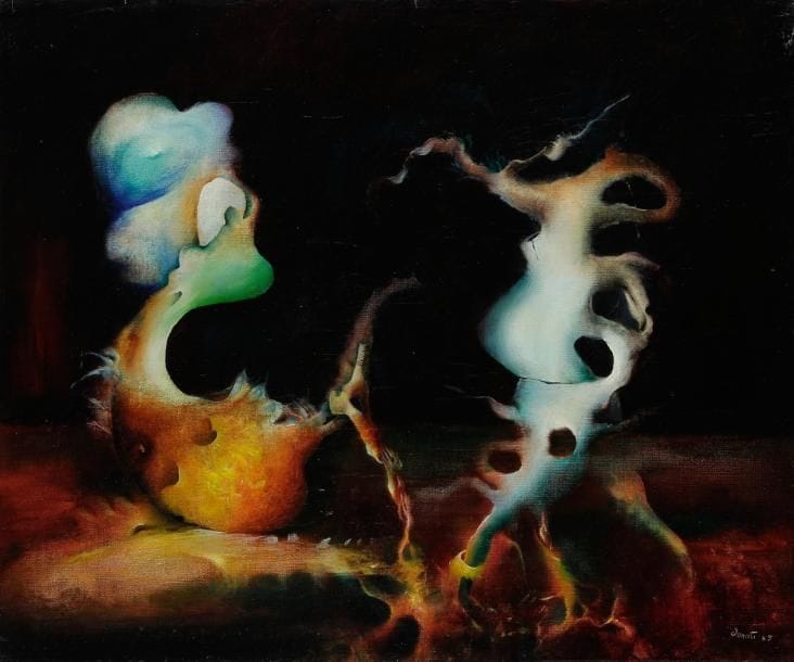 Enrico DONATI [italo-américain] (1909-2008)
La Ronde des lutins, 1945 Huile sur toile. Signée et datée en bas à droite. 61 x 50 cm Provenance: Collection particulière, Paris