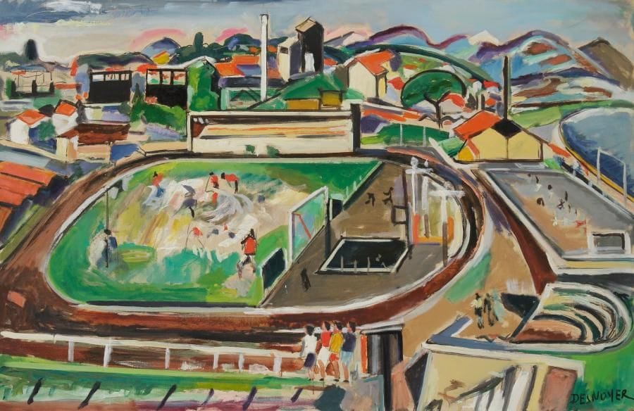 François DESNOYER (1894-1972)
Stade d'Antibes, vers 1960 Huile sur toile. Signée en bas à droite. Signée et titrée au dos. Annotée «Quatriennale de Genève». 73 x 116 cm Exposition: Biennale de Tokyo, 1961