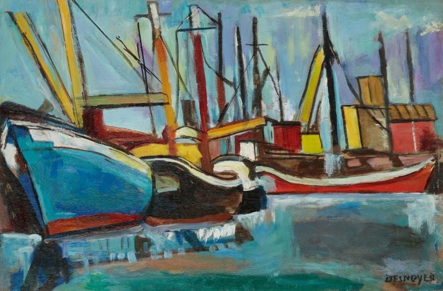 François DESNOYER (1894-1972)
Bateaux à quai Huile sur panneau. Signée en bas à droite. Titrée au dos. 54 x 81 cm