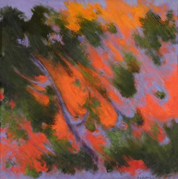 MAURICE-ELIE SARTHOU (1911-1999)
Pins dans les flammes, 1984-85 Huile sur toile. Signée en bas à droite. Signée et titrée au dos sur le châssis. 80 x 80 cm