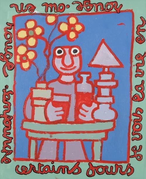 Jean-Joseph SANFOURCHE (1929-2010)
Certains jours je vois la vie en rouge, Oui en rouge Acrylique sur panneau. Signée en bas à gauche et titrée dans le sujet. 60 x 50 cm