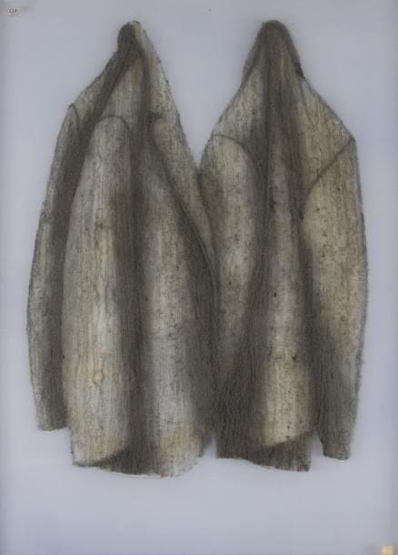 Pavlos Dionyssopoulos dit PAVLOS [grec] (né en 1930)
Manteaux Laine d'acier sur fond de pastel. Emboitage en plexiglas. 104 x 77 cm