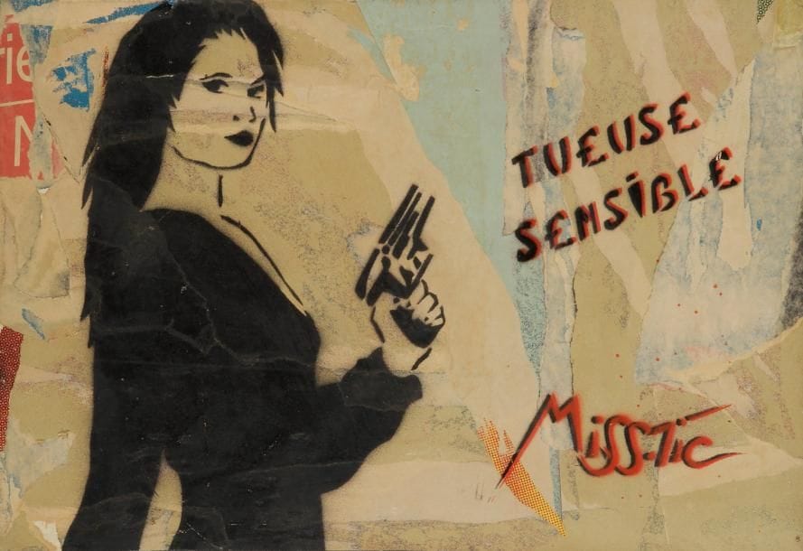 MISS-TIC (née en 1956)
Tueuse sensible, 1997 Peinture aérosol et collage d'affiches lacérées sur toile. Signée en bas à droite. 38 x 55 cm Un certificat de Miss-Tic en date du 10 février 2014 sera remis à l'acquéreur