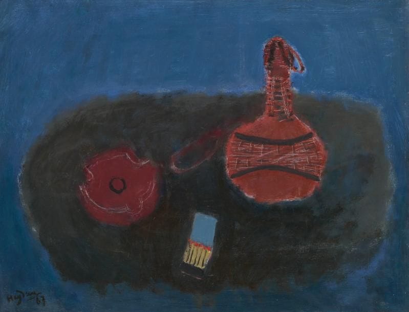 Henri HAYDEN [franco-polonais] (1883-1970)
La Bouteille rouge, 1967 Huile sur toile. Signée et datée en bas à gauche. Titrée au dos sur le châssis. 50 x 65 cm Provenance: - Galerie Suillerot, Paris. - Acheté par l'actuel propriétaire auprès de celle-ci