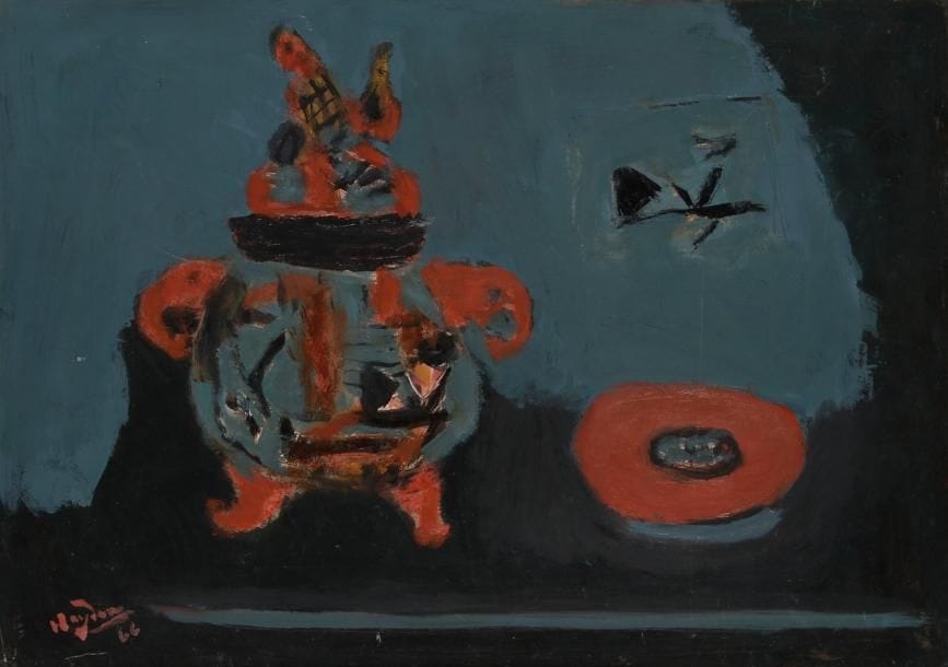Henri HAYDEN [franco-polonais] (1883-1970)
Nature morte noire et bleue au cendrier, 1966 Huile sur toile. Signée et datée en bas à gauche. 38 x 55 cm Provenance: - Galerie Suillerot, Paris. - Acheté par l'actuel propriétaire auprès de celle-ci. Exposition: Salon de Mai, Paris, 1966