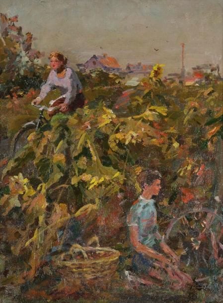 Fiodor Vasilevich SAVOSTIANOV  (né en 1924, région de Briansk.
Vers le soir (К вечеру), 1950


Huile sur toile. 


Signée et datée en bas à droite. 


Signée, datée et titrée en russe au dos. 


78 x 58 cm


Savostianov fait ses débuts à l’école d’art d’Odessa, puis poursuit ses études à l’Institut Repine de 1948 à 1954. Notre toile date de cette époque. Savostianov participe à des expositions depuis 1954 et a le titre de peintre émérite de la Fédération de Russie.


Фёдор Васильевич САВОСТЬЯНОВ. « К вечеру », 1950. 


Подпись и дата внизу справа.