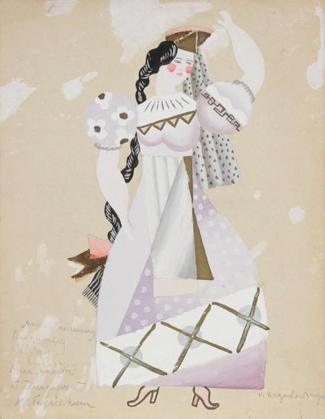 Ksenia Leonidovna Boguslawskaya  (1892, Saint-Pétersbourg - 1971, Paris)
Costume pour les Ballets Russes de Diaghilev


Avant 1929. 


Gouache originale sur carton. Signée en bas à droite : K. Boguslawskaya. 


En bas à gauche du dessin un envoi autographe en russe : « Au très respecté Vladimir Lvovitch Bienstock en signe de souvenir de la reconnaissante K. L. Boguslawskaya ». 


36,5 x 27,5 cm


Peintre de l’avant-garde à partir des années 1910, dessinatrice, décoratrice de théâtre, designer, poêtesse. Épouse de Jean Pougny.


Ксения Леонидовна БОГУСЛАВСКАЯ. Эскиз костюма для Русского Балета Дягилева. Картон, гуашь. Подпись внизу справа. С дарственной надписью.