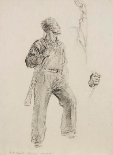 Vladimir Alexandrovitch SEROV  (1910, Emmaus, région de Tver - 1968, Moscou)
Matelot 


Dessin à la mine de plomb. 


Signé et titré en bas à gauche. 


40 x 29 cm


Après des études à l’Académie des Beaux-Arts de Léningrad (1927-1933), il y enseigne de 1933 à 1942. Il se spécialise dans la peinture de l’histoire soviétique. Il peint également des portraits, des paysages et des panneaux de propagande. Il illustre aussi des livres. Il est lauréat de divers prix de l’URSS.


Владимир Александрович СЕРОВ. 


« Моряк ». 


Карандаш. 


Подпись внизу слева. 