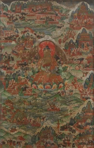 TIBET - XVIIIe siècle
Tangka, détrempe sur toile, représentant Amitayus assis sur un lotus, les mains en dhyana mudra (geste de la méditation), entouré de scènes de la vie de bouddha.(Accident). 84 x 54 cm Encadrée sous verre