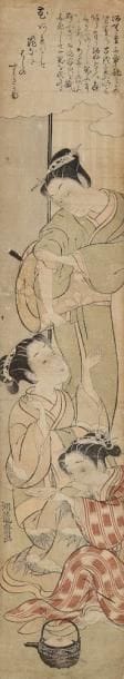 JAPON - XVIIIe siècle Koryusai (1735 - 1790)
Hashira-e, trois oiran, l'une buvant une coupe à saké.66,8 x 10,5 cm
