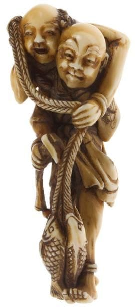 JAPON - Epoque MEIJI (1868 - 1912)
Petit okimono en ivoire, dans le style de netsuke, représentant Ashinaga portant Tenaga avec houe et poissons. Signé Masakazu.Haut.: 6,9 cm