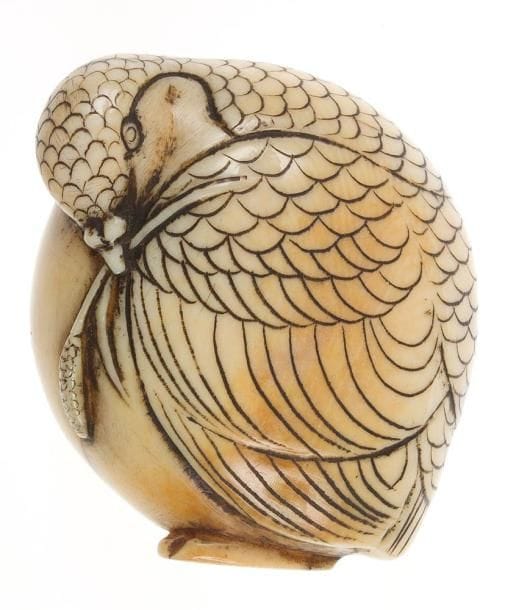 JAPON - Epoque MEIJI (1868 - 1912)
Petit sujet en ivoire à patine jaune représentant une caille posée tenant un épi de blé dans le bec. Non signé.Haut.: 4,5 cm
