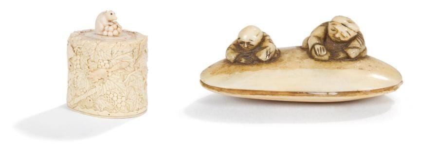 JAPON - Epoque MEIJI (1868 - 1912)
Pot couvert en ivoire à patine jaune à décor sculpté en relief de loirs parmi les vignes. On y joint un netsuke en ivoire marin représentant deux enfants sur un coquillage. Haut.: 13,5 cm