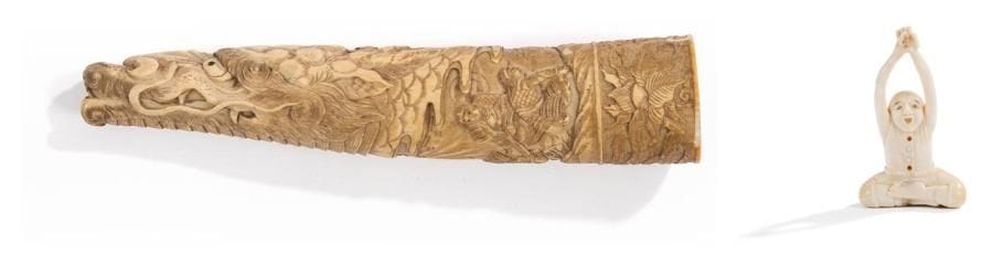 JAPON - Epoque MEIJI (1868 - 1912)
Manche de fourreau de tanto en ivoire en forme de dragon et à décor sculpté de samouraï et phénix. (Gerces). Long.: 17,5 cm On y joint un netsuke en ivoire en forme de personnage s'étirant. Haut.: 5,5 cm