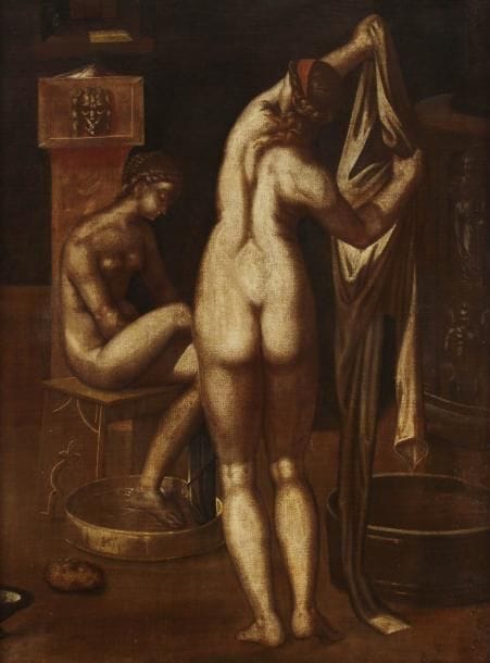 École de FONTAINEBLEAU de la fin du XVe siècle

Jeunes femmes au bain
Toile
100 x 76,5 cm
Sans cadre.
La jeune femme au centre de notre tableau reprend la figure de Minerve du Jugement de Pâris dans la gravure de Marcantonio Raimondi d'après un dessin disparu de Raphael (voir le catalogue de l'exposition Raphael dans les collections françaises, Paris, Galerie nationales du Grand Palais, 1983-1984, p. 345, n° 24, reproduit)