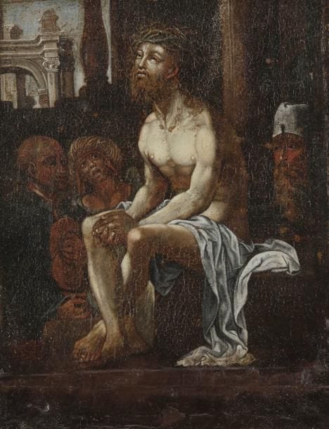 École ITALIENNE du XVIIe siècle,

Le Christ aux outrages
Toile marouflée sur panneau.
25 x 19 cm
Reprise avec de légères variantes du panneau (51 x 40,5 cm) de Jan Gossart conservé au Szepmuveszeti Muzeum à Budapest (voir M. W. Ainsworth, S. Alsteens, N. M. Orenstein, Man, Myth, and Sensual Pleasures Jan Gossart's Renaissance, New York, 2010, n°27, reproduit en couleur p. 209)