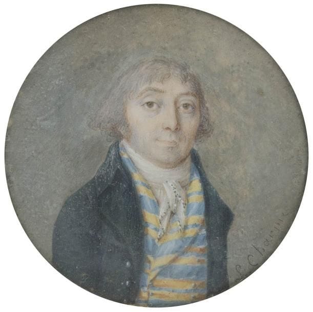 L. CHARME (actif à la fin du XVIIIe siècle)

Artiste signalé par quelques miniatures dont une dans la collection Tansey en Allemagne.
Homme de trois-quarts à droite à mi-corps, cheveux poudrés, boucles d'oreille, en costume gris, gilet rayé bleu et jaune
Miniature sur ivoire signée à droite: L. Charme.
Vers 1798-1800.
Diam.: 5,8 cm
Cerclé de laiton doré, diam. 6 cm
(Verre malade; petit retouche du fond à gauche).
