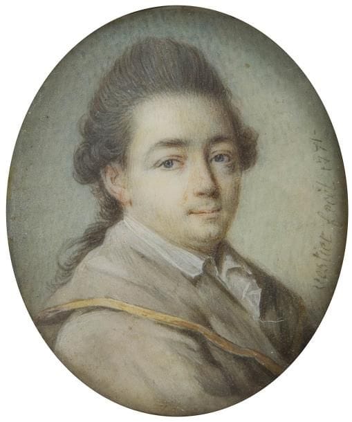 Antoine VESTIER (Avallon, 1740 - Paris, 1824).

Portrait d'homme (artiste ?) en manteau beige à bord doré, col de la chemise ouverte, en buste de trois-quarts à droite
Miniature sur ivoire signée à droite: Vestier fecit 1771.
Ovale, 3,8 x 3,2 cm
Cadre médaillon en laiton moulé doré à décor d'un rang perlé avec bélière, ovale, 6 x 5,3 cm
