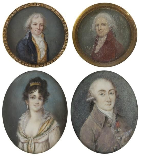 École Française du XIXe siècle

Homme en costume taupe, chevalier de Saint Louis, sur fond bleu
Miniature sur ivoire, ovale. 6,5 cm
Trace de signature à droite: v ?/ [f]ec[it] / 17.. (fente au bord droit).
Cadre rectangulaire en bois noirci.
On y joint trois miniatures sur ivoire du XXe siècle: un portrait de femme en robe blanche empire et diadème, signé Bossi (apocryphe), ovale, 8,2 x 6,6, cadre rectangulaire en bois 15 x 15 cm, au dos, ex- libris avec armoiries Nicolai Francisci Marescot De Lisoros, deux portraits d'hommes, l'un en costume bleu et jaune, diam. 6,2 cm, cadre rond doré, l'autre en costume bordeaux (abîmé), diam. 5,7 cm, cadre rectangulaire en bois.
