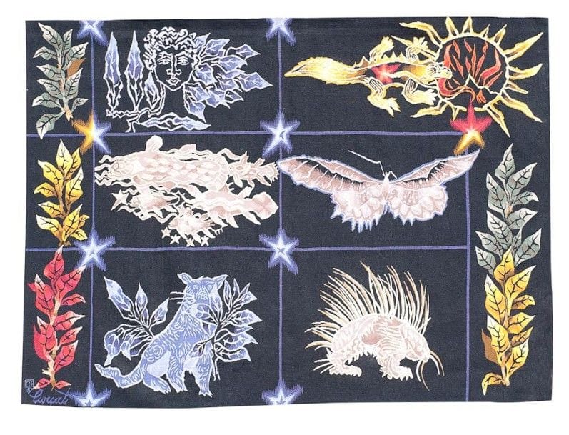 Jean LURCAT (1892-1966) Cartonnier & Atelier R. PICAUT à Aubusson
Prodiges noirs Tapisserie d'Aubusson. Signée LURCAT et porte le monogramme de l'Atelier PICAUD en bas à gauche dans la trame, complète de son bolduc au revers, sur lequel figurent les mentions de titre, de cartonnier, d'éditeur, de dimensions et numéroté 1039, contresigné par Jean LURCAT. 151 x 205 cm