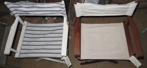 Lot de 6 chaises pliantes de réalisateur en bois, assise et dossier en tissu.