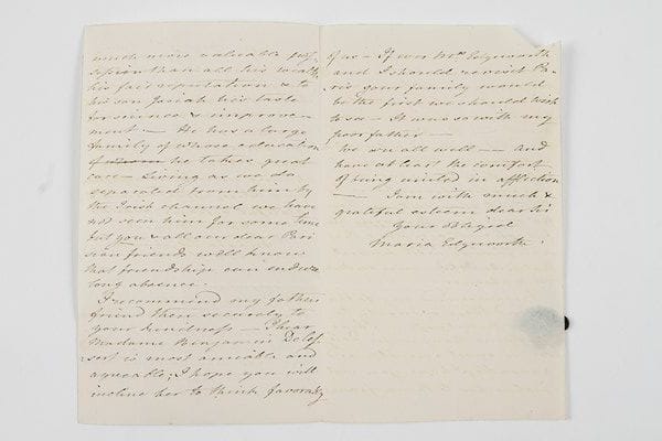Maria EDGEWORTH (1767-1849) femme de lettres anglaise.9 lettres autographes signées «Maria Edgeworth» (dont 2 non signées incomplètes), Edgeworth's Town (Irlande) 1818-1845, à Benjamin Delessert ou à Mme François Delessert; 33 pages in-4 ou in-8, la plupart avec adresse (petite déchirure à une lettre); en anglais.Belle correspondance amicale au banquier et philanthrope Delessert.11 février 1818, recommandant au «bon Benjamin» Josiah Wedgwood, second fils du manufacturier de porcelaine fine, qui se rend à Paris... 13 avril 1826, recommandant le Dr Browne, chirurgien talentueux qui se rend sur le continent, pour le présenter à Larrey et lui faire ouvrir l'École de Médecine et les hôpitaux... 7 mai 1826, exposant au banquier la situation financière de son frère aîné, et demandant un prêt de 5000 livres... 7 septembre 1828, présentant Charles Fox, avocat irlandais... 14 octobre 1836, au sujet d'un questionnaire préparé par George Moore, qui écrit une histoire de la Révolution française... 21 mai 1838, condoléances à Mme Delessert sur la mort de sa mère Mme Gautier, son amie depuis 35 ans... 14 mai 1840, remerciant Delessert pour son Guide du bonheur: ses réflexions l'ont beaucoup intéressée, en particulier celles concernant les «Pensées religieuses d'une jeune dame», le chapitre sur la sobriété... 16 août 1844, présentant à Mme Delessert son cousin le pasteur Essex Edgeworth; souvenirs heureux du temps passé avec eux à Passy... 26 avril 1845, présentant à Mme Delessert Mr Moore, grand voyageur, ce serait l'homme idéal à présenter à Humboldt...On joint une p.a.s. de son père Richard Lovell Edgeworth, [Paris] 21 nivose XI (11 janvier 1803), lors d'un don de 120 livres aux pauvres de Paris.Archives Delessert (20 octobre 2007, n° 177).